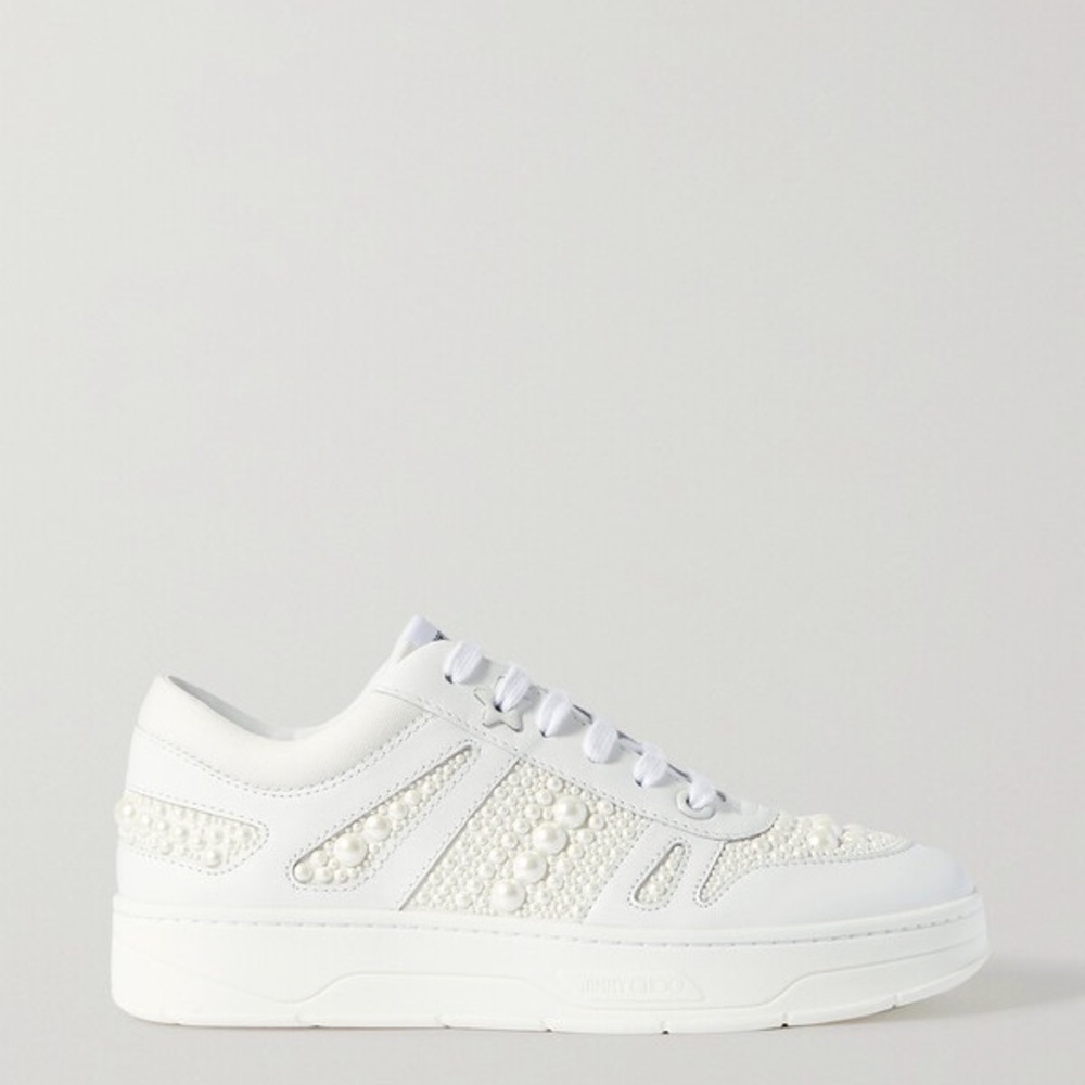 NWOB Jimmy Choo Hawaii Faux Pearl embellished Leather Sneakers White